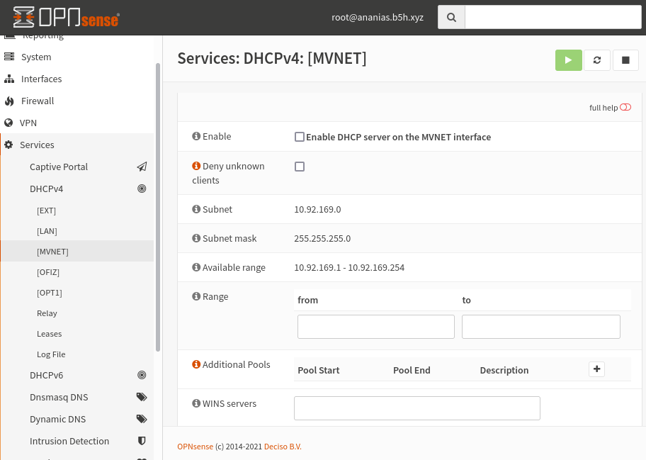 DHCP service dialog